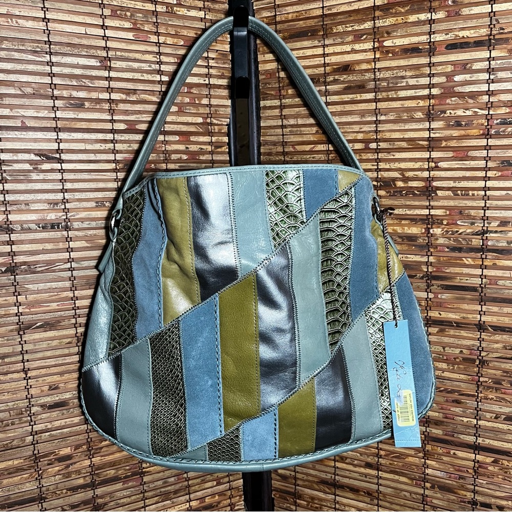 Kate Landry leather and suede seafoam Blue and Green Patchwork Shoulder Bag